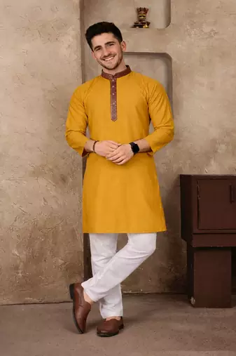 yellow color jacquard work linen silk kurta pajama set