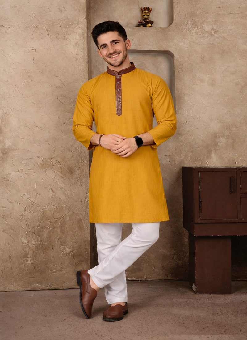yellow color jacquard work linen silk kurta pajama set