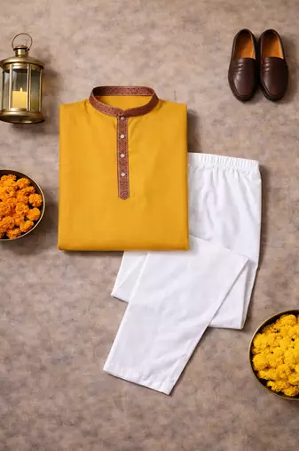 yellow color jacquard work linen silk kurta pajama set