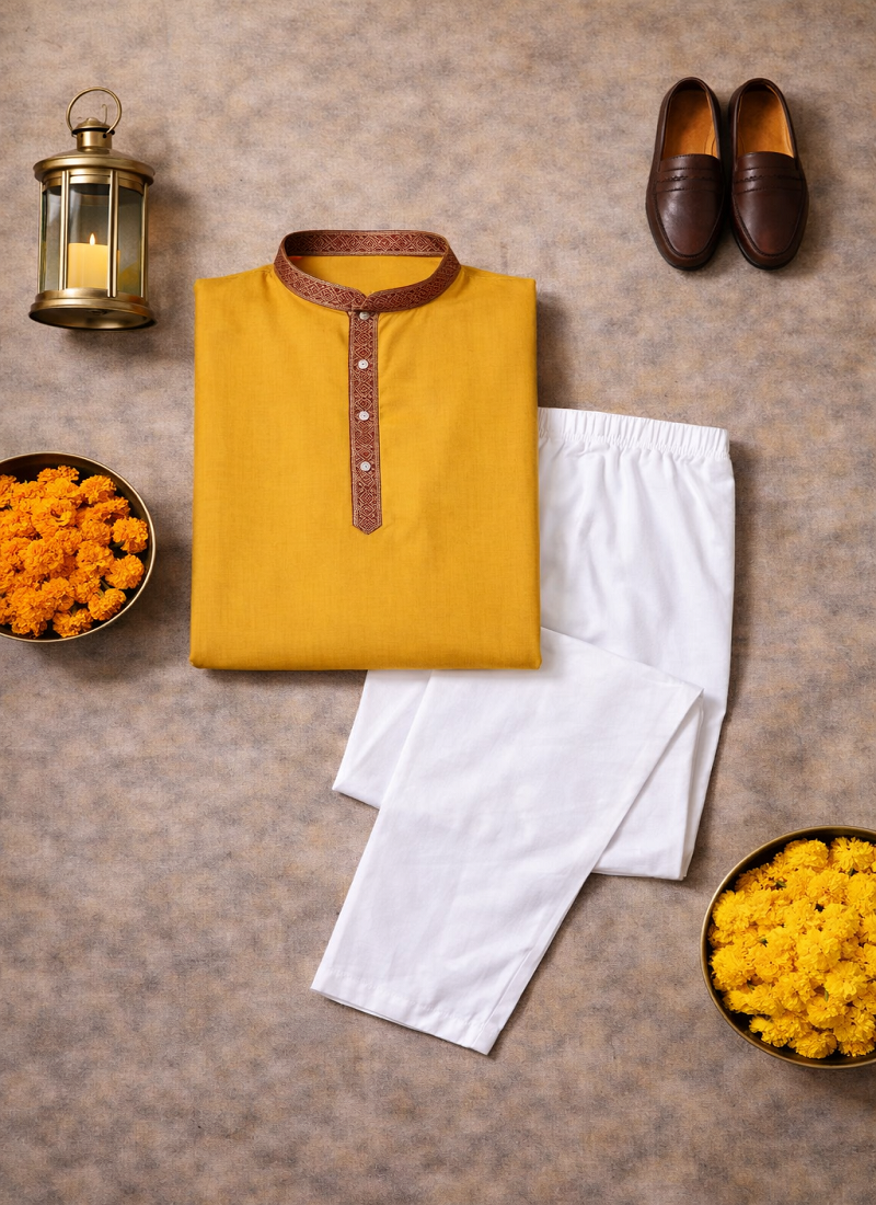 yellow color jacquard work linen silk kurta pajama set