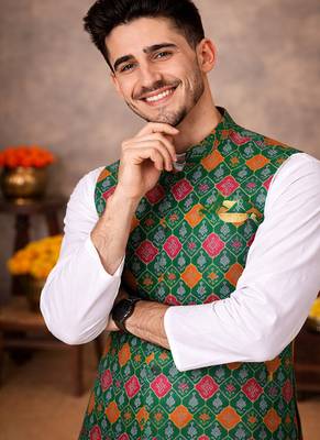 green cotton silk koti kurta pajama set with jacquard work 1