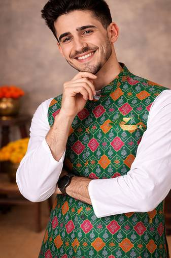 green cotton silk koti kurta pajama set with jacquard work