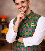 green cotton silk koti kurta pajama set with jacquard work