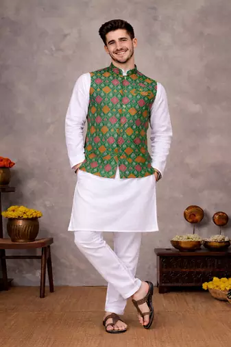 green cotton silk koti kurta pajama set with jacquard work