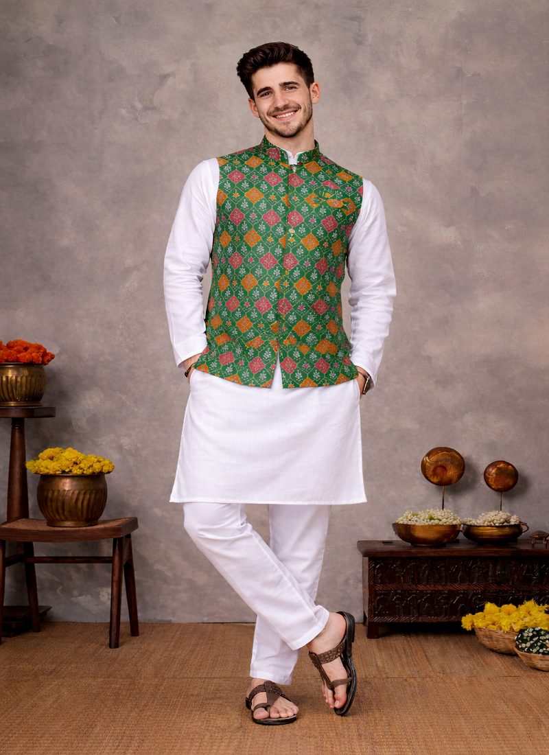 green cotton silk koti kurta pajama set with jacquard work