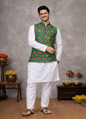 green cotton silk koti kurta pajama set with jacquard work 3