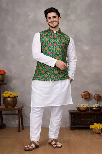 green cotton silk koti kurta pajama set with jacquard work