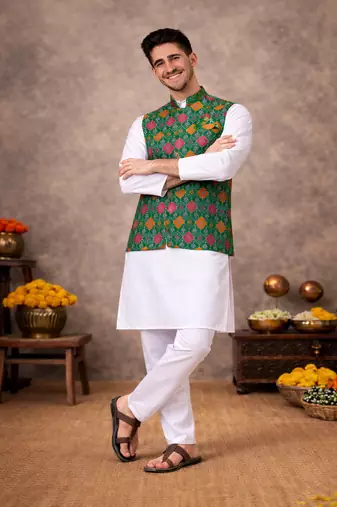 green cotton silk koti kurta pajama set with jacquard work