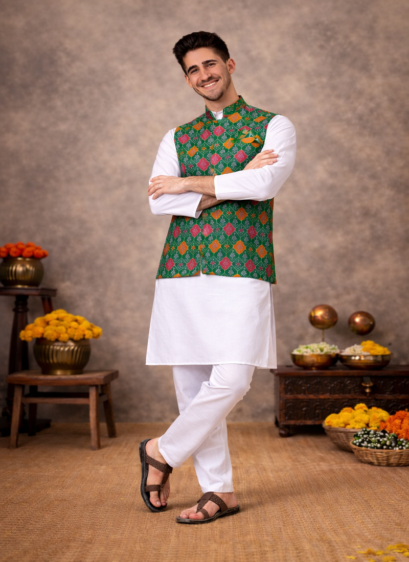 green cotton silk koti kurta pajama set with jacquard work