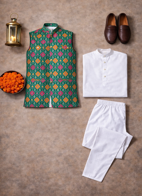 green cotton silk koti kurta pajama set with jacquard work 5