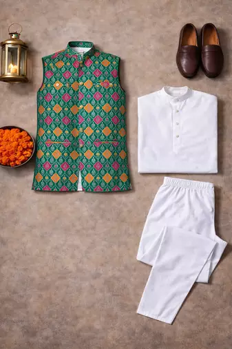 green cotton silk koti kurta pajama set with jacquard work