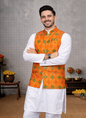 orange cotton silk koti kurta pajama set with jacquard work 1