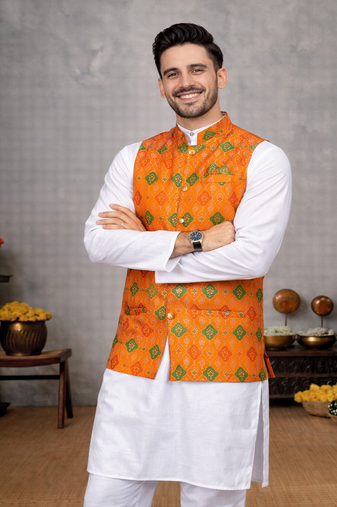 orange cotton silk koti kurta pajama set with jacquard work
