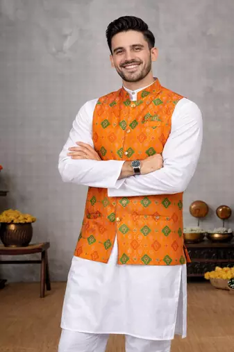 orange cotton silk koti kurta pajama set with jacquard work