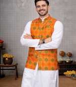 orange cotton silk koti kurta pajama set with jacquard work