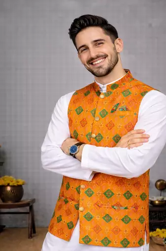 orange cotton silk koti kurta pajama set with jacquard work