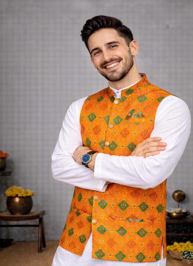 orange cotton silk koti kurta pajama set with jacquard work