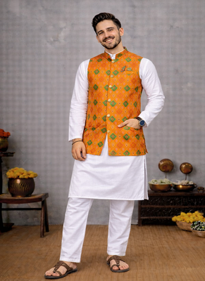 orange cotton silk koti kurta pajama set with jacquard work 3
