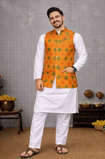 orange cotton silk koti kurta pajama set with jacquard work
