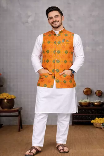 orange cotton silk koti kurta pajama set with jacquard work
