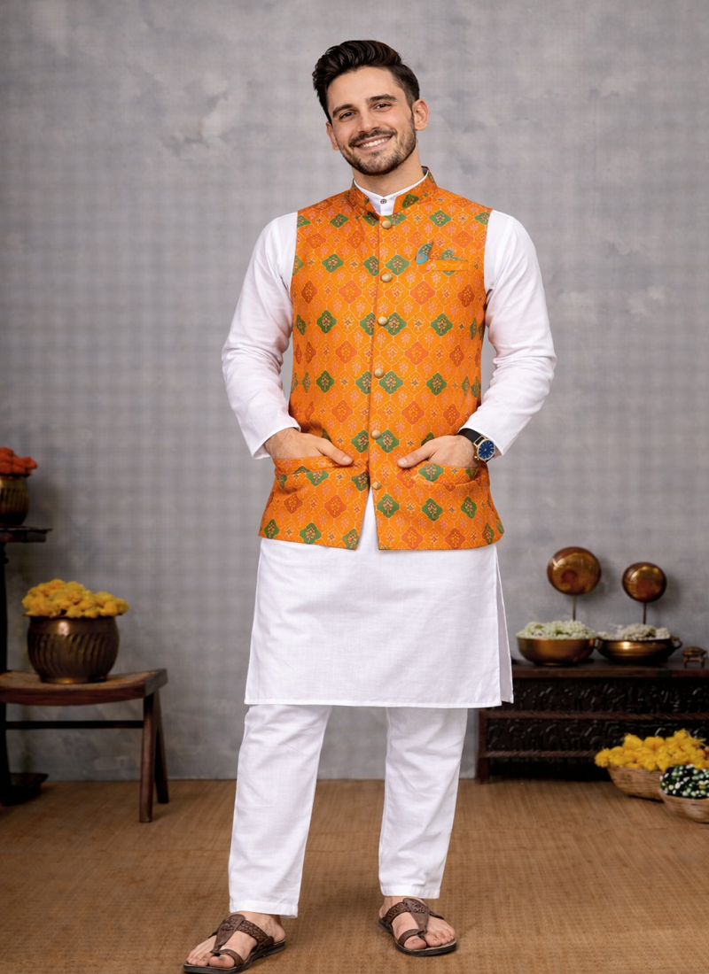 orange cotton silk koti kurta pajama set with jacquard work
