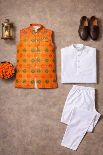 orange cotton silk koti kurta pajama set with jacquard work