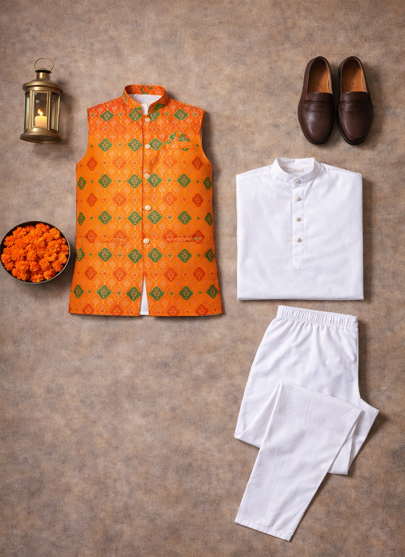 orange cotton silk koti kurta pajama set with jacquard work
