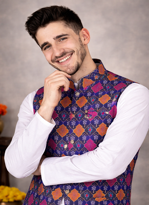 purple cotton silk koti kurta pajama set with jacquard work 1