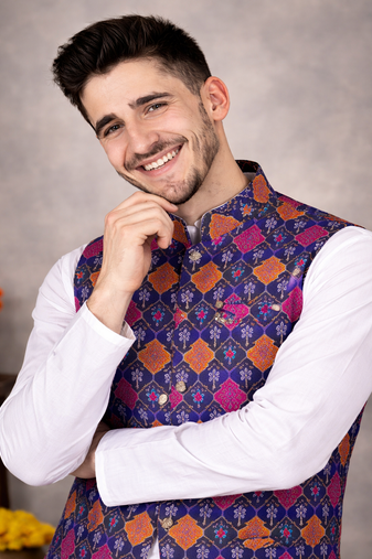 purple cotton silk koti kurta pajama set with jacquard work