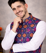 purple cotton silk koti kurta pajama set with jacquard work