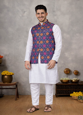 purple cotton silk koti kurta pajama set with jacquard work 2