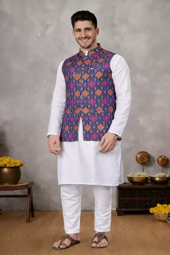 purple cotton silk koti kurta pajama set with jacquard work