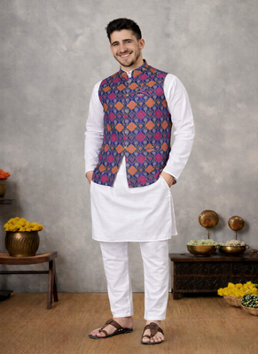 purple cotton silk koti kurta pajama set with jacquard work 3