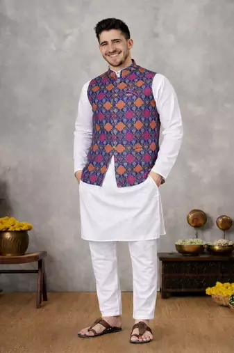 purple cotton silk koti kurta pajama set with jacquard work