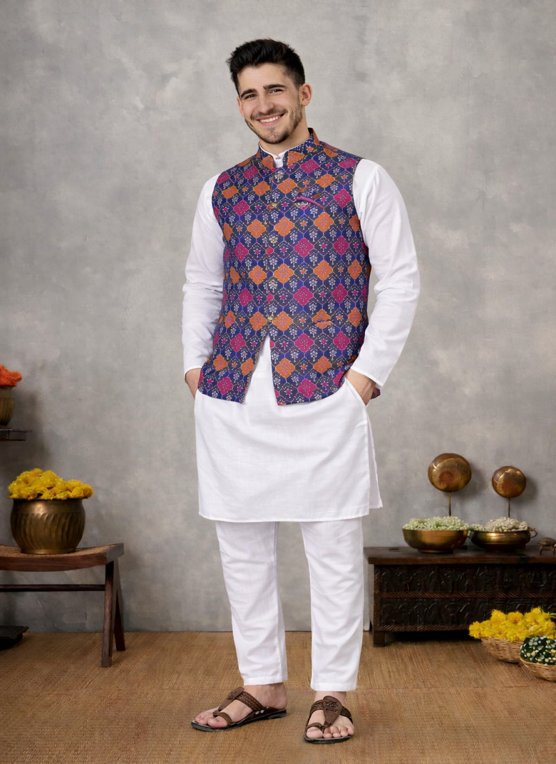 purple cotton silk koti kurta pajama set with jacquard work