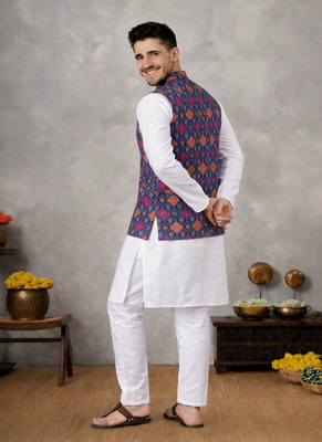 purple cotton silk koti kurta pajama set with jacquard work 4