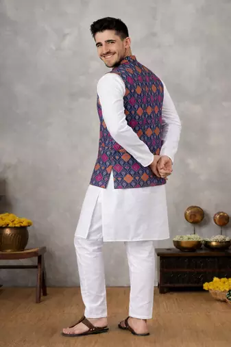 purple cotton silk koti kurta pajama set with jacquard work