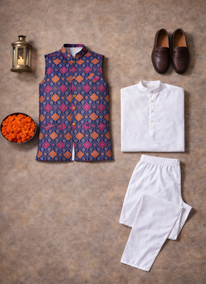 purple cotton silk koti kurta pajama set with jacquard work 5
