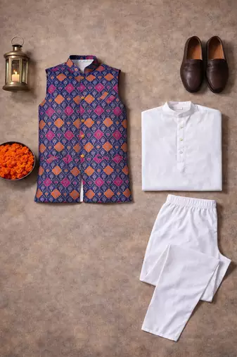 purple cotton silk koti kurta pajama set with jacquard work