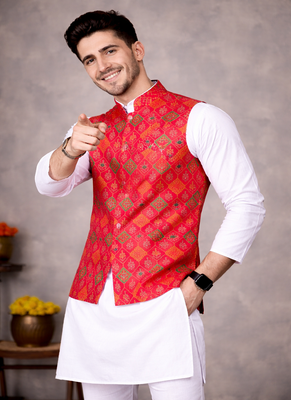 red jacquard weaving cotton silk koti kurta pajama set 1