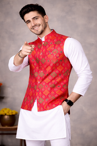 red jacquard weaving cotton silk koti kurta pajama set