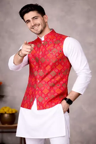 red jacquard weaving cotton silk koti kurta pajama set