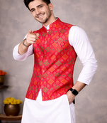 red jacquard weaving cotton silk koti kurta pajama set