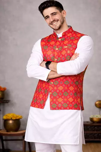 red jacquard weaving cotton silk koti kurta pajama set