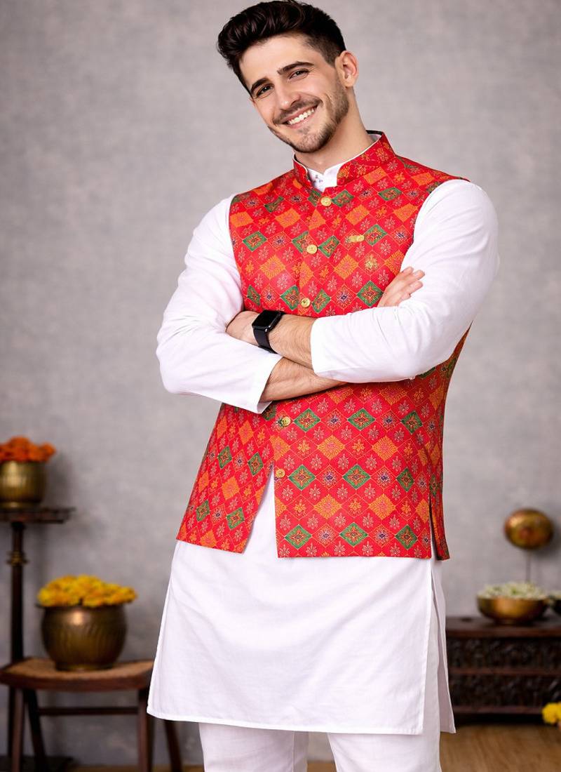 red jacquard weaving cotton silk koti kurta pajama set