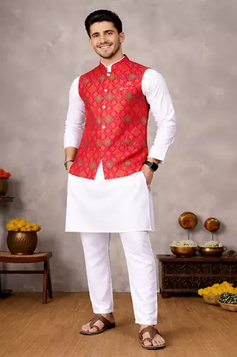 red jacquard weaving cotton silk koti kurta pajama set