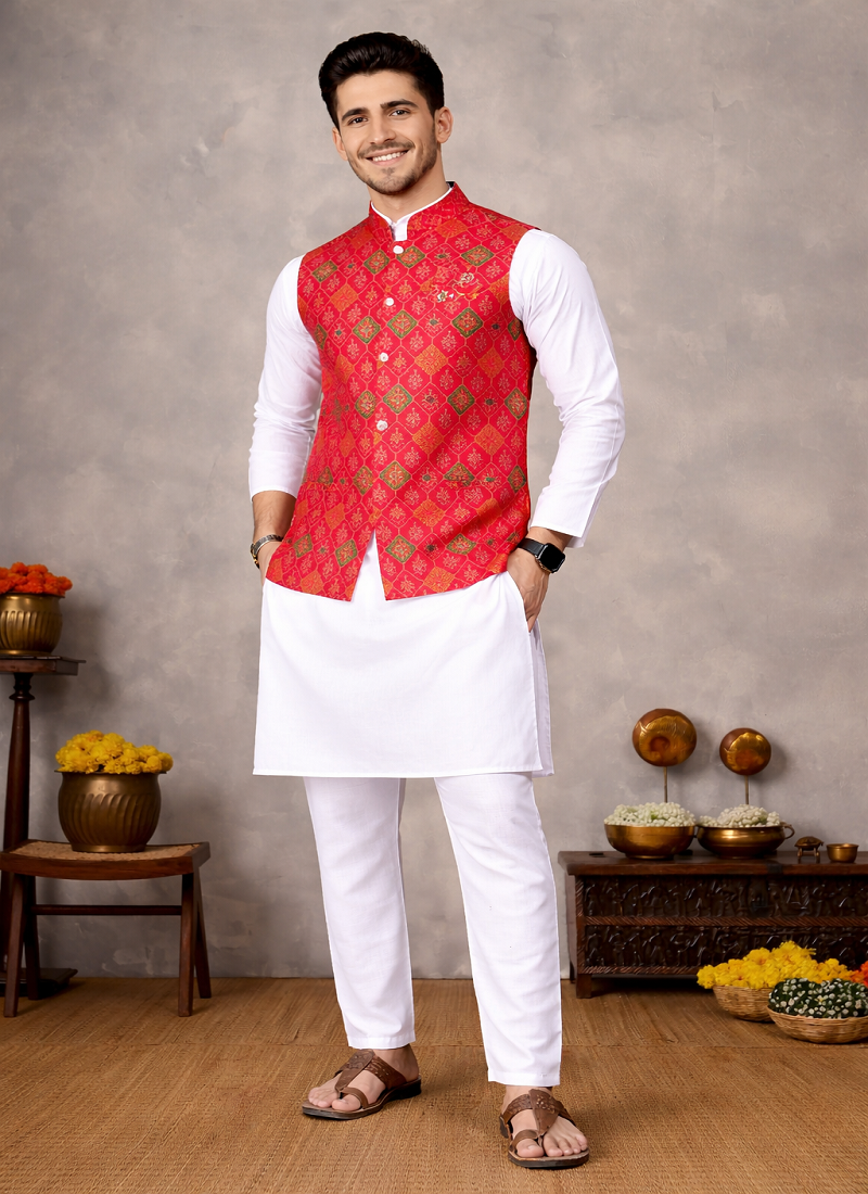 red jacquard weaving cotton silk koti kurta pajama set