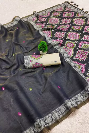black muga cotton saree with ajrakh motif pallu