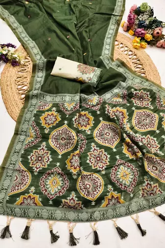 green muga cotton saree with ajrakh motif pallu