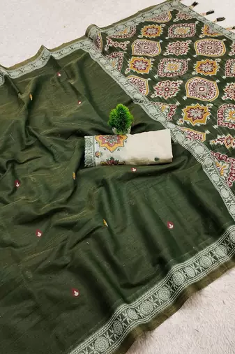 green muga cotton saree with ajrakh motif pallu